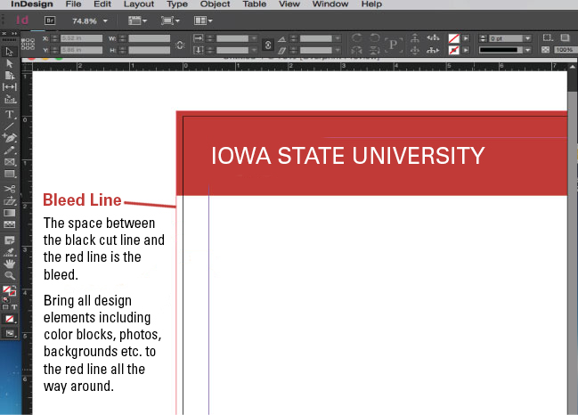 This shows a screenshot of the bleed line in InDesign and how to bring that color out to it.