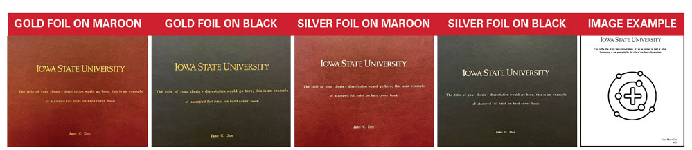Images of the front of the different types of books. Gold on maroon and black, silver on maroon and black and an example of an image.