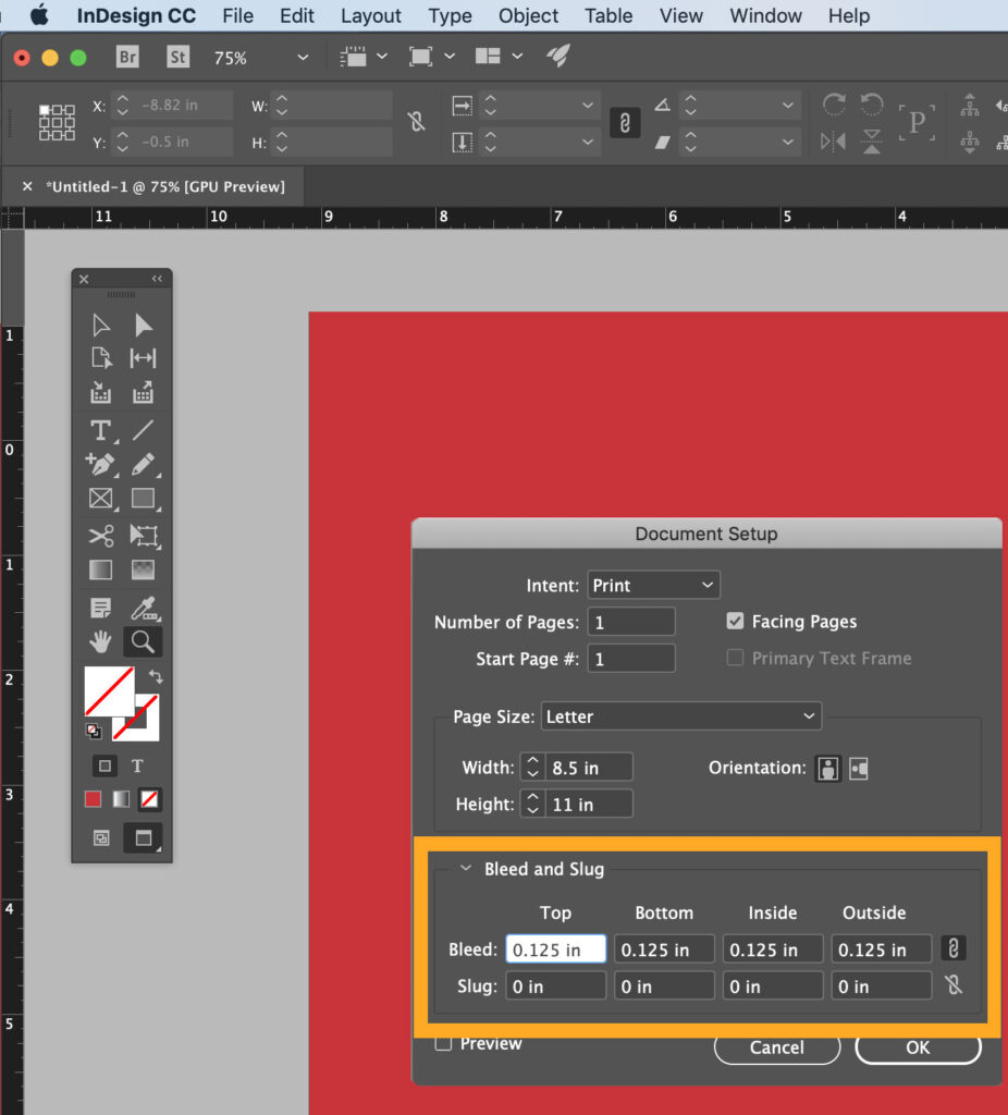 This is a screenshot of Adobe Indesign. Go to File--document setup. Then you set the bleeds to .125".