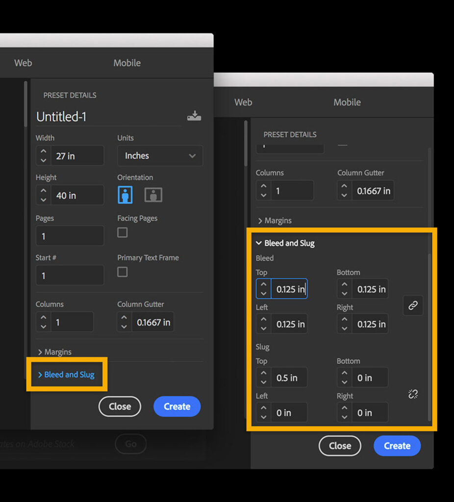 This shows a screenshot of creating a new document. In the "Bleed and Slug" section you set the bleed to .125" on all sides.